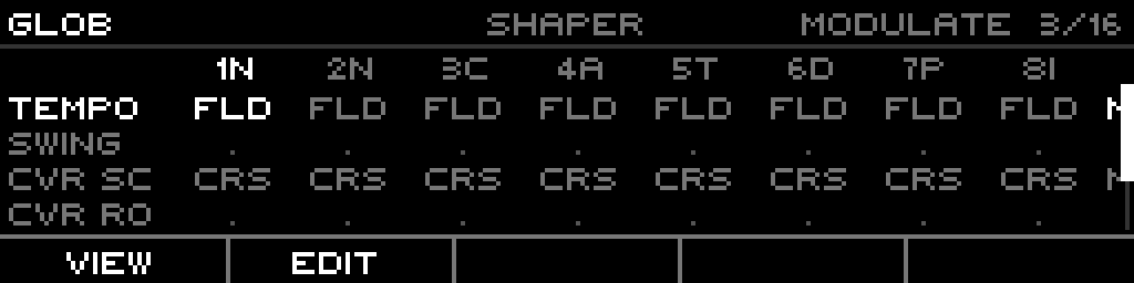 Global band, SHAPER view: fold/crease response curve per row